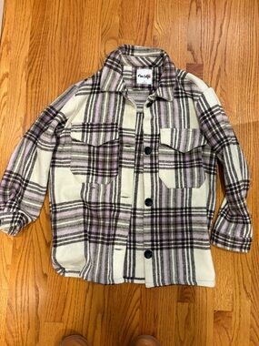 Cream Plaid Utility Shacket with Purple and Black Stripes